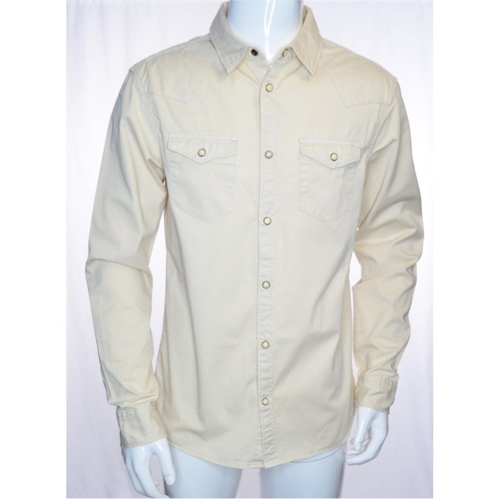 All Saints Salur Pearl Snaps Front Distressed Long Sleeve Shirt Cream Size M